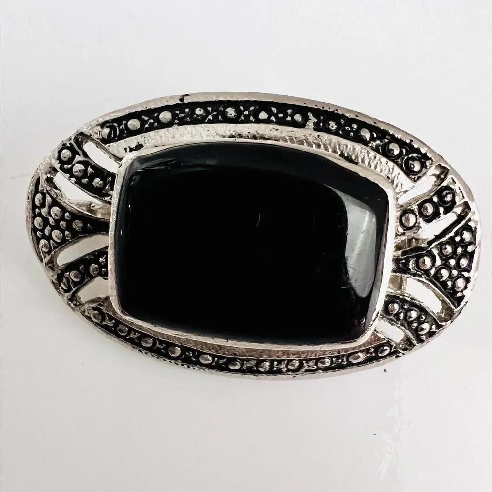 Vintage Brooch Art Deco Victorian Silver Tone Black Faceted Stone Ornate 1122